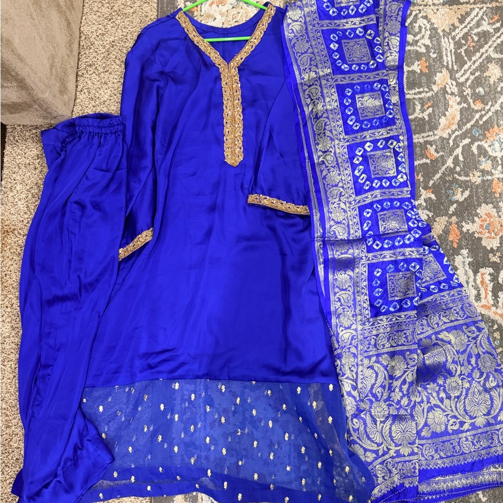 Pakistani Indian Desi Outfit Royal Blue Embroidered outfit with Gold Accents